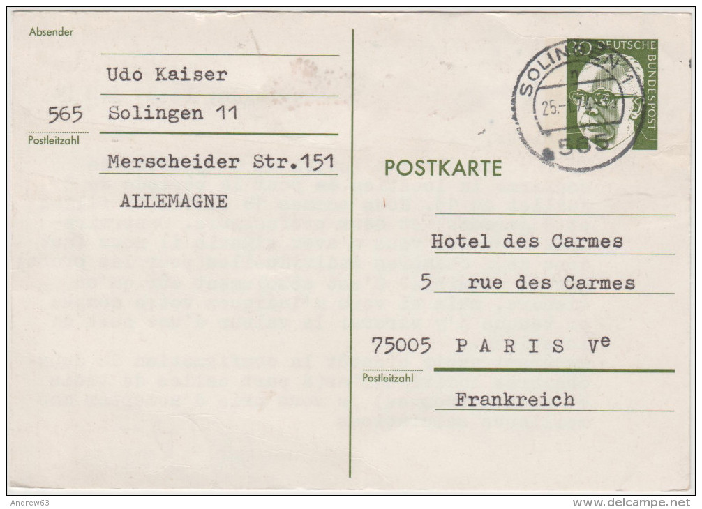 GERMANIA FEDERALE - GERMANY - ALLEMAGNE - Intero Postale - 1974 - 30 - Viaggiata Per Paris - Postkaarten - Gebruikt