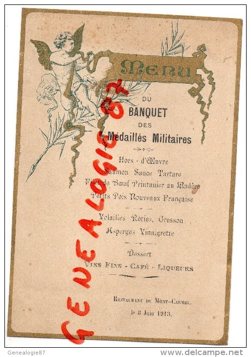 73 - BARBERAZ CHAMBERY - RARE MENU DU BANQUET DES MEDAILLES MILITAIRES -RESTAURANT DU MONT CARMEL -8 JUIN 1913 - Menus