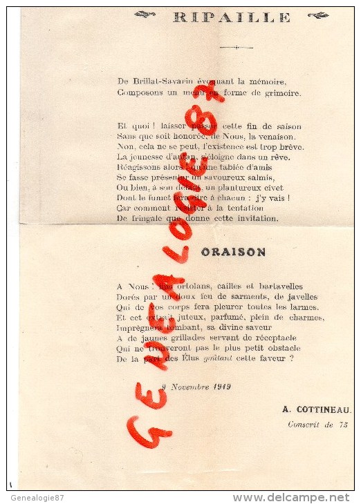 MENU  MILITAIRE - GUERRE 1914-1918 - PANTAGRUELERIE 9 NOVEMBRE 1919- A. COTTINEAU  CONSCRIT DE 75 - Menükarten