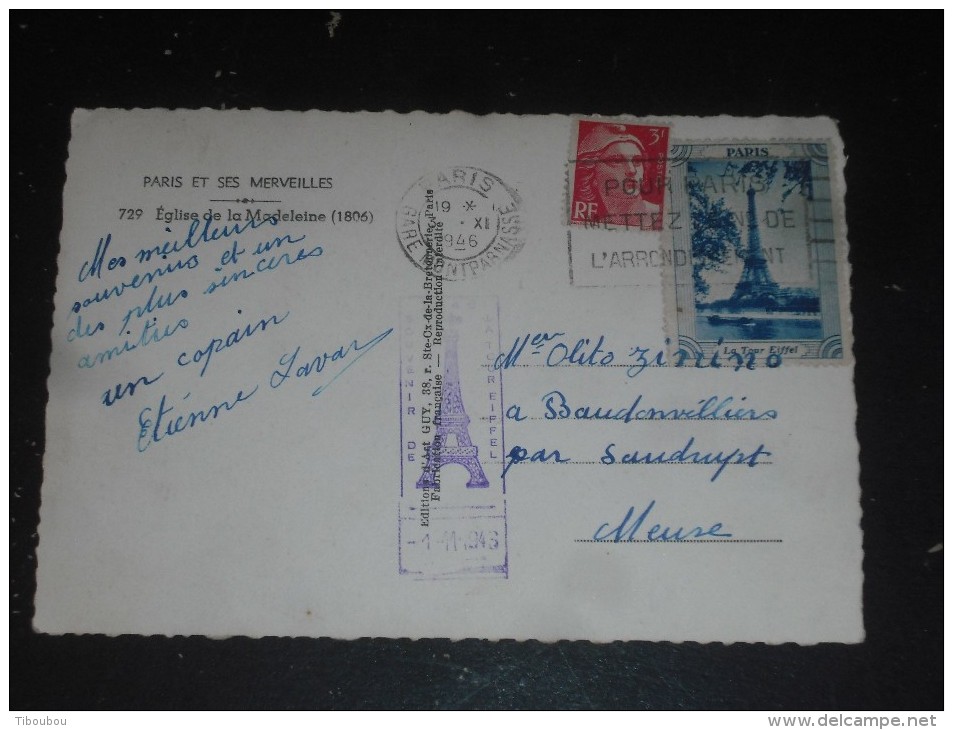 VIGNETTE ET CACHET PARIS LA TOUR EIFFEL NOVEMBRE 1946 SUR MARIANNE GANDON - FLAMME GARE MONTPARNASSE - CPSM LA MADELEINE - Covers & Documents