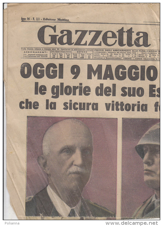 RA#43#30 Giornale GAZZETTA DEL POPOLO 9 Maggio 1941/GUERRA : GLORIE ESERCITO ITALIANO VITT.EM - MUSSOLINI - DUCA D'AOSTA - Italian