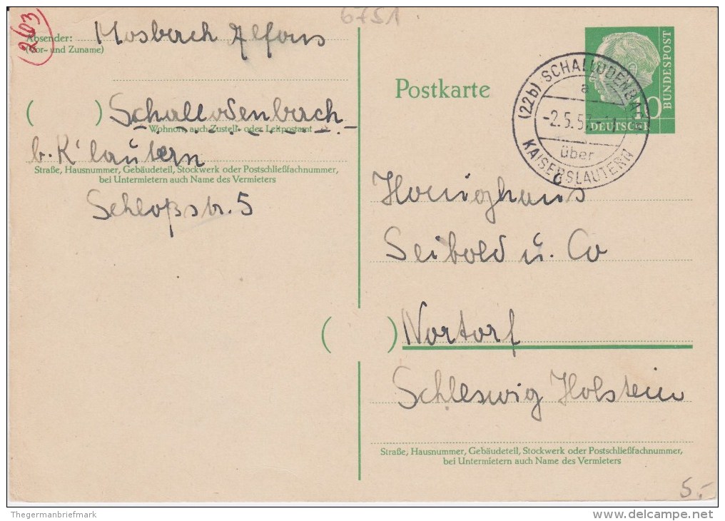 Bund Heuss P 31 PSt I Stempel Schallodenbach ü Kaiserslautern 1957 - Postkaarten - Gebruikt