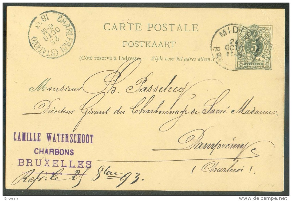 E.P. Carte 5 Centimes Obl. Ambulant Sc MIDI 8 Bruxelles (Camille Waterschoot CHARBONS Situé Rue  Fonsny 43) Le 24 Octobr - Cartes Postales 1871-1909