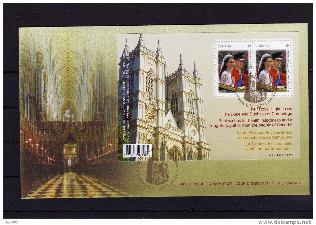 2011 Canada Royal Wedding HRH Prince William And Miss Catherine Middleton Miniature Sheet  FDC - 2011-...