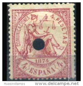 SPAIN 1873 - Scott# 209 Justice 4p Used Punch Cancel(XA780) - Used Stamps