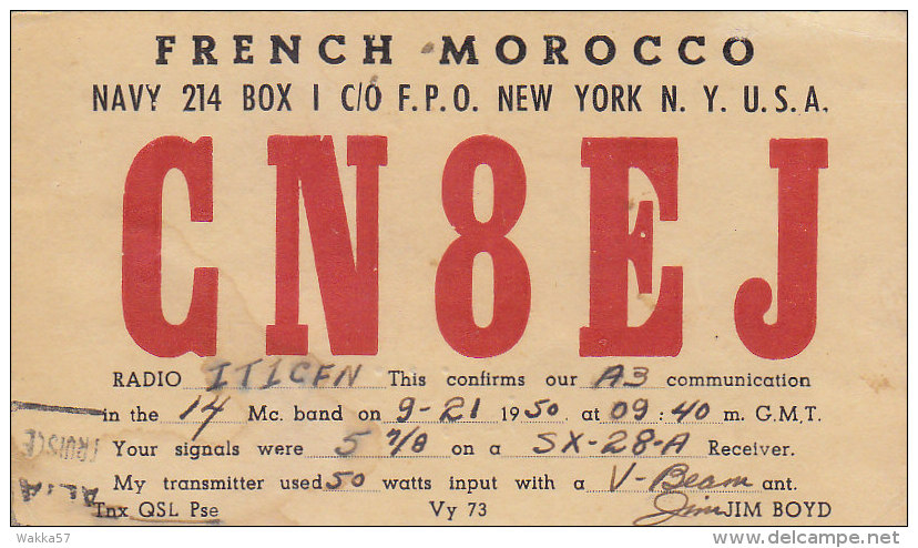 AA105- U.S.A. U.S.Navy  - French Marocco - New York - QSL Card - - Radio