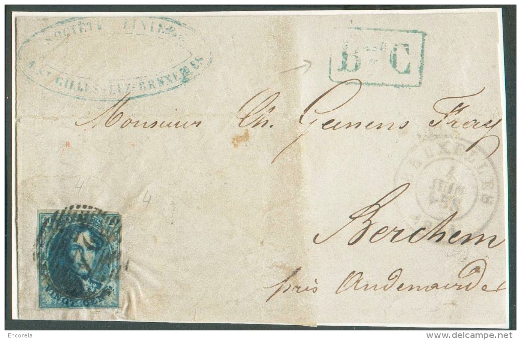 N°4 - Médaillon 20 Centimes Bleu, Margé, Obl. P.24 Sur Devant De Saint-GILLES Via BRUXELLES Le 4 Juin 1851 + Griffe Enca - 1849-1850 Medaglioni (3/5)