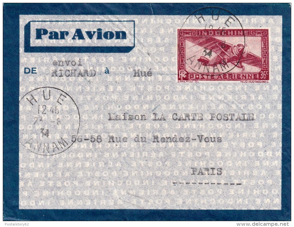 Hué Hindochine To Paris 1934 - Airmail