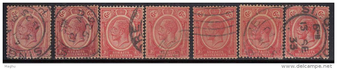 6c Multi Script CA KG V 1921-1933, 7 Diff., Shades / Colour,  Straits Settlements, Malaya - Straits Settlements