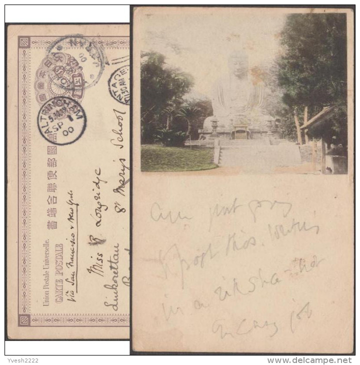 Japon 1900. Entier Postal, Statue Du Grand Bouddha De Kamakura. Yokohama à Wantage Et Altrincham - Bouddhisme