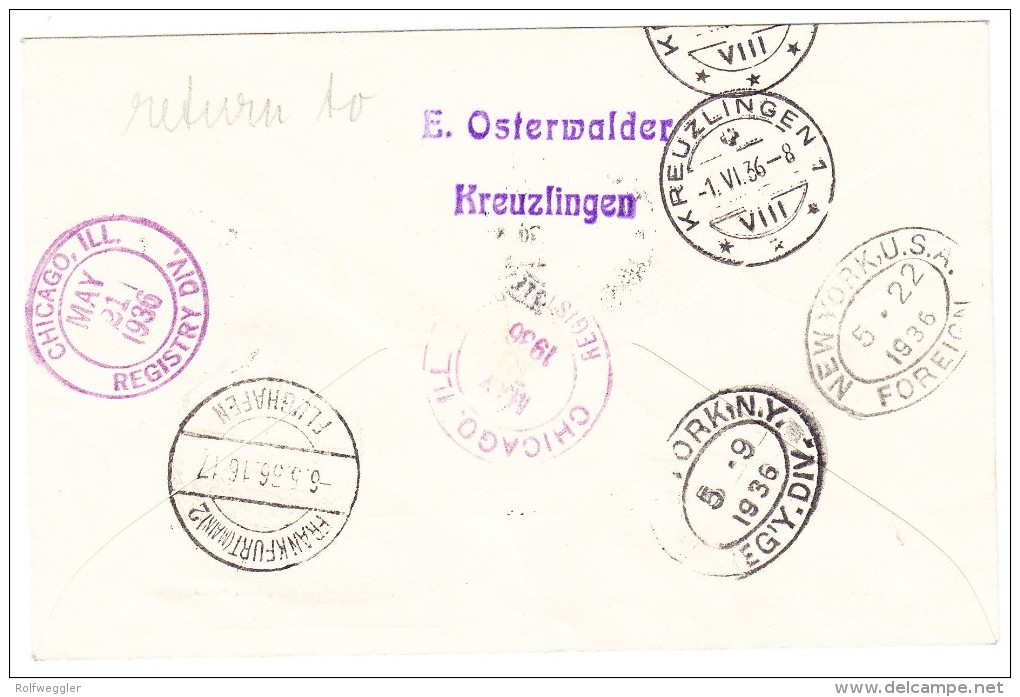 Nordamerika-Fahrt Luftschiff Hindenburg Express R-Brief Schaan Nach Chicago 5.V.36 Retour Kreuzlingen - Air Post