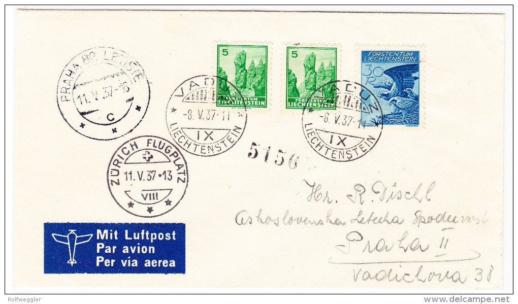 Luftpost Brief 8.V.37 Vaduz Nach Praha - Flug Zürich-Prag Ab Vaduz (30Belege Bekannt) - Air Post