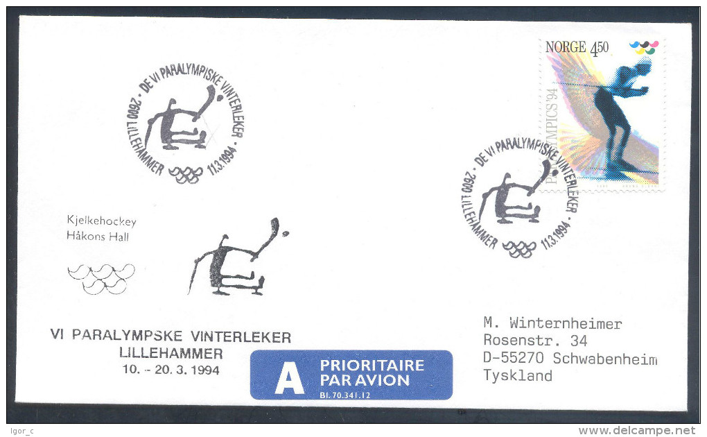 Norway 1994 Paralympic Games Airmail Priority Cover; Paralympic Ice Hockey Cancellation - Hiver 1994: Lillehammer