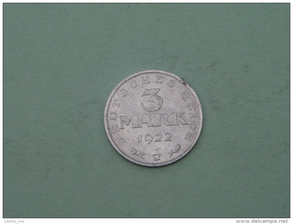 1922 J -  3 Mark / KM 29 ( Uncleaned Coin / For Grade, Please See Photo ) !! - 3 Mark & 3 Reichsmark