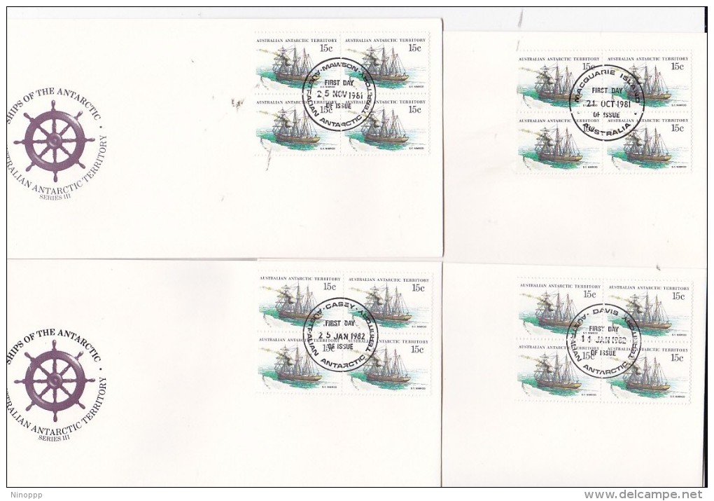 Australian Antarctic Territory 1981 Ships SerieIII,Nimrod,   Block 4 X 4 Bases FDCs - FDC