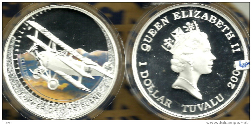 TUVALU $1 AIRPLANE FOKKER Dr.1 COLOURED FRONT QEII BACK 2005 SILVER PROOF READ DESCRIPTION CAREFULLY !!! - Tuvalu