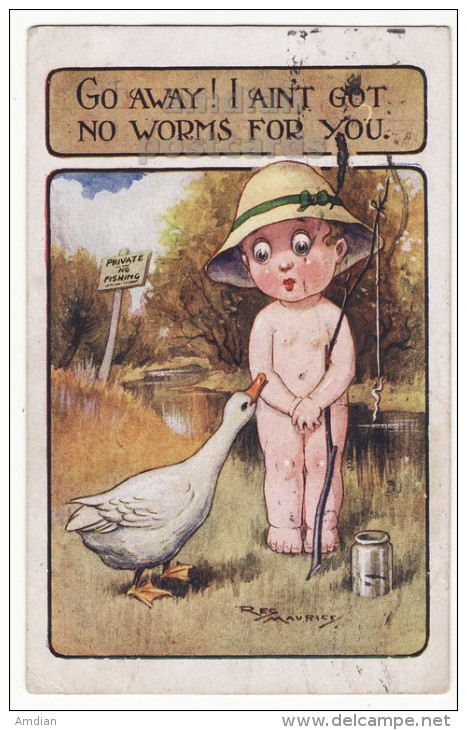 Reg Maurice Artist Signed C1920s Postcard AIN´T GOT NO WORMS FOR YOU Naked Boy - Maurice