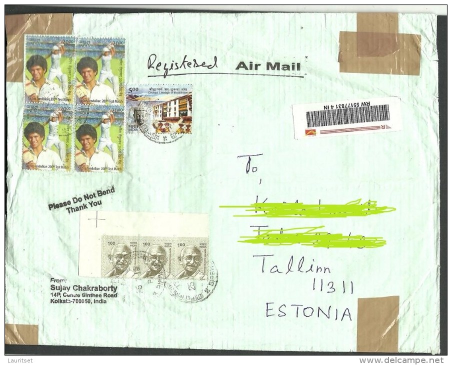 INDIA INDIEN 2014 Registered Cover To Estonia Estland With 4-Block, Baseball, M. Gandhi Etc - Covers & Documents