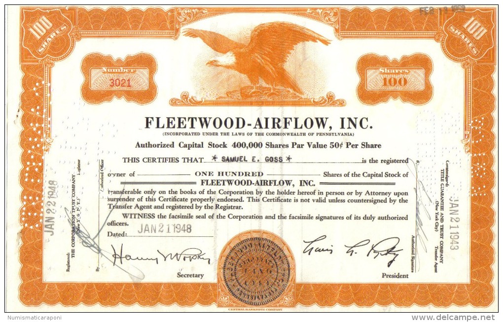 Scripofilia : Fleetwood Airflow Inc 100 Shares Pennsylvania  1943 Doc.041 - Aviation