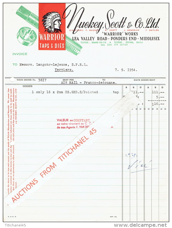 Facture 1954 PONDERS END MIDDLESEX - NUCKEY, SCOTT &amp; Co. Ltd. -  "WARRIOR" Taps &amp; Dies - USA