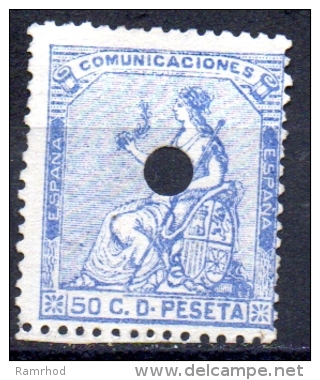 SPAIN 1874  Allegorical Figure Of  Peace  -   50c. - Blue   TELEGRAPH USED - Used Stamps