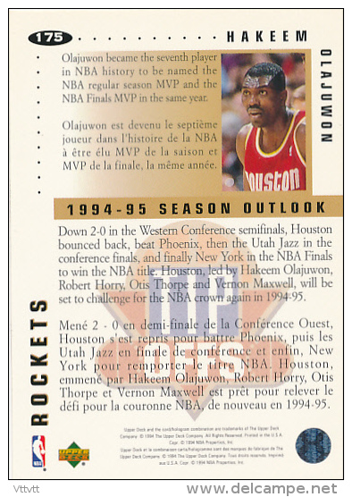 Basket, NBA, Upper Deck 1994, Collector's Choice, Tips Offs, N° 175 : HAKEEM OLAJUWON (Houston Rockets) Trading Cards - 1990-1999