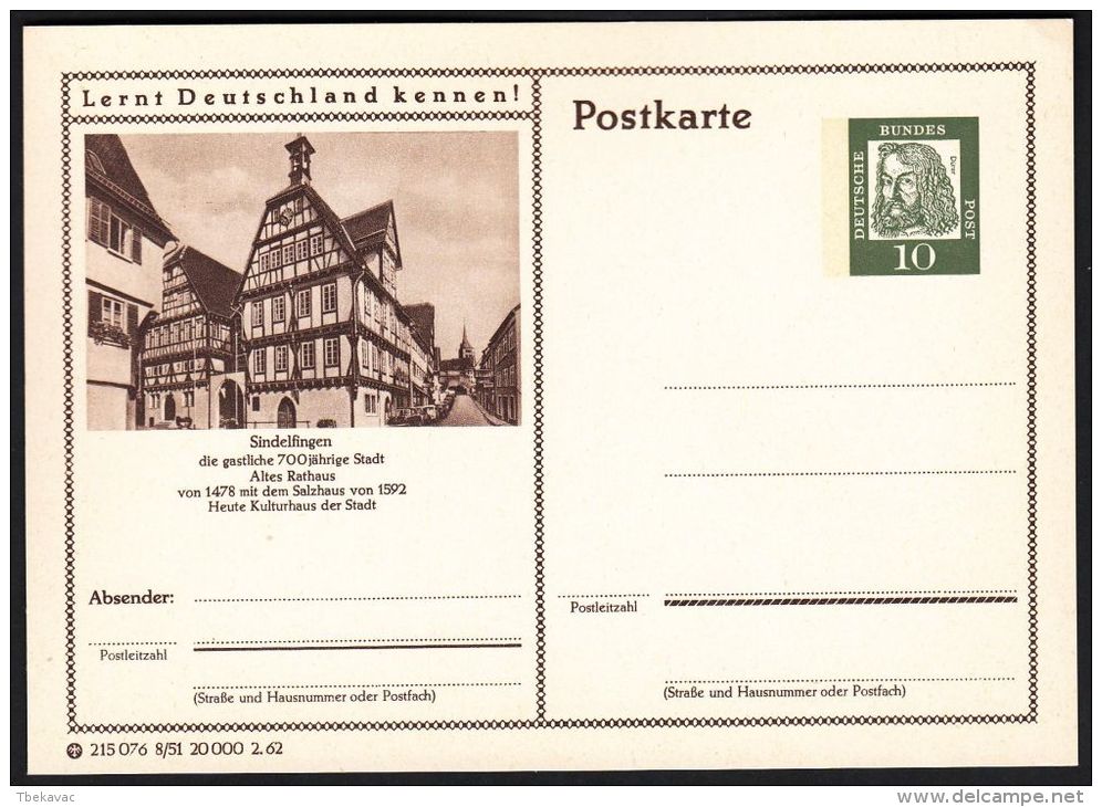 Germany 1962, Illustrated Postal Stationery "Old Town In Sindelfingen", Ref.bbzg - Bildpostkarten - Ungebraucht