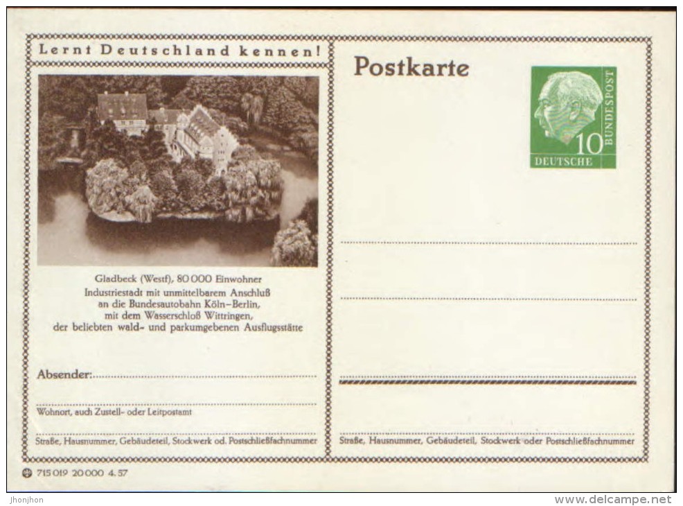 Germany-Federal Republic - Stationery Postcard Unused 1954 -P23, Gladbeck ( Westf) - Wasserschloß Wittringen - Cartoline Illustrate - Nuovi