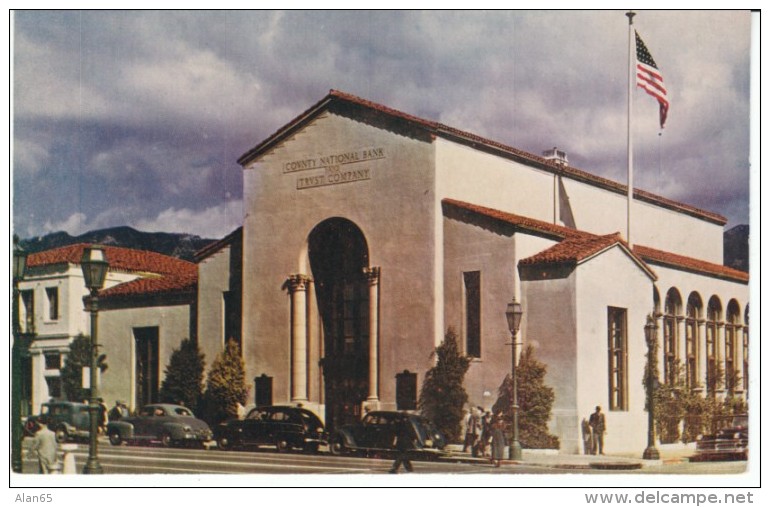 Santa Barbara California, County National Bank &amp; Trust Building, Auto C1940s/50s Vintage Postcard - Santa Barbara