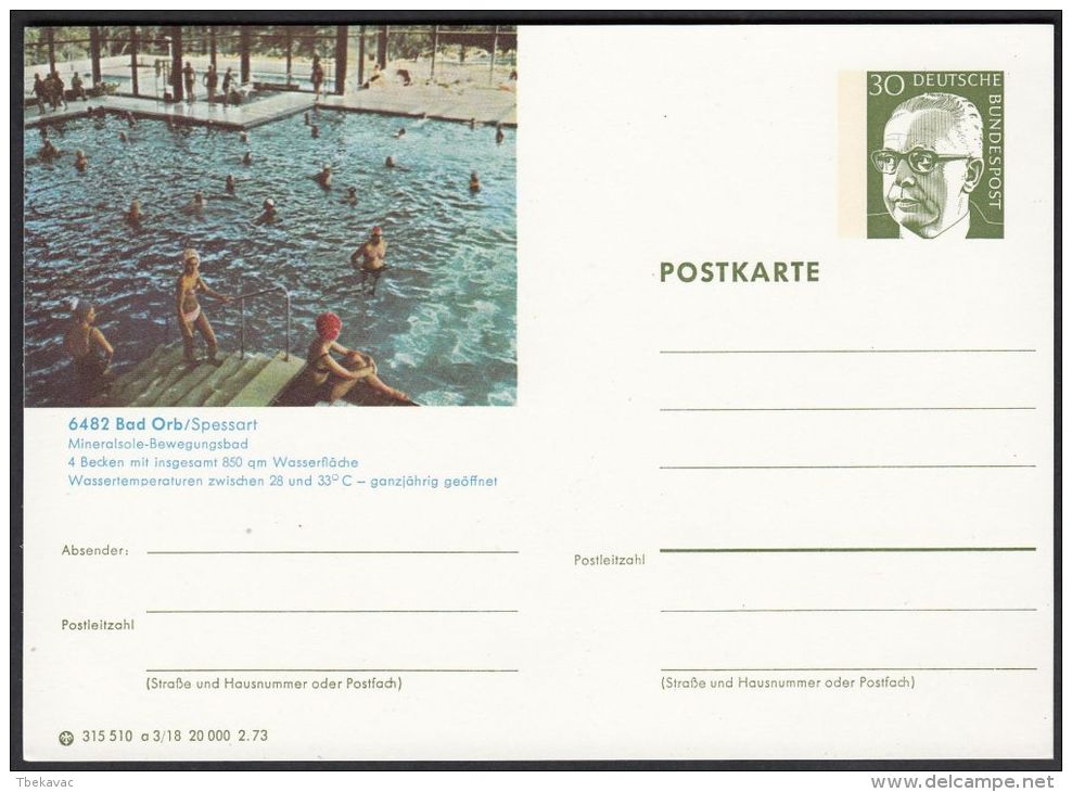 Germany 1973, Illustrated Postal Stationery "Bad Orb Swimming Pool", Ref.bbzg - Cartes Postales Illustrées - Neuves