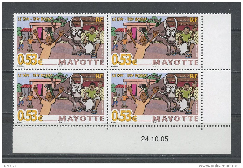 MAYOTTE 2005 N° 181 ** Bloc De 4 Coin Daté Neuf = MNH Superbe Traditions Le Tam-tam Boeuf Animals - Neufs