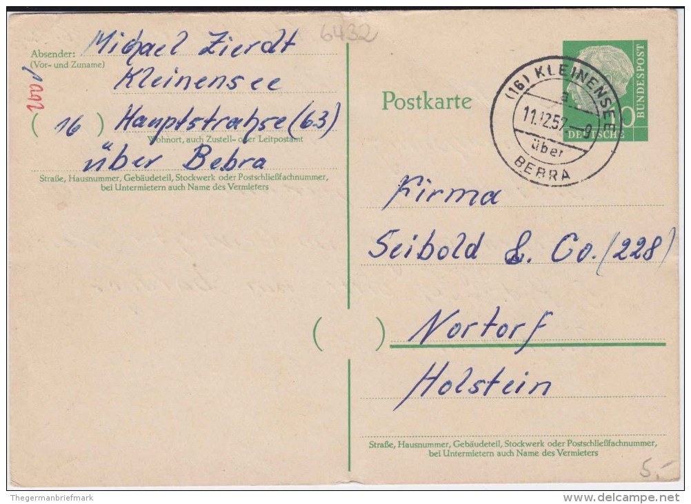 Bund Heuss P 31 PSt I Stempel Kleinensee ü Bebra 1957 - Cartes Postales - Oblitérées