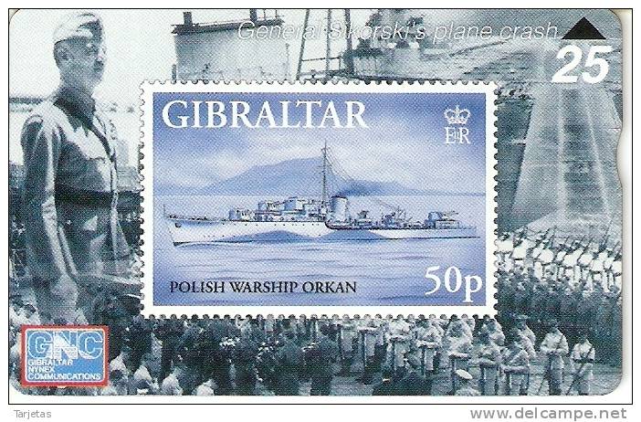 Nº 57 TARJETA DE GIBRALTAR DE UN SELLO CON UN BARCO  ORP ORKAM  (STAMP-SHIP)    NUEVO-MINT - Gibraltar