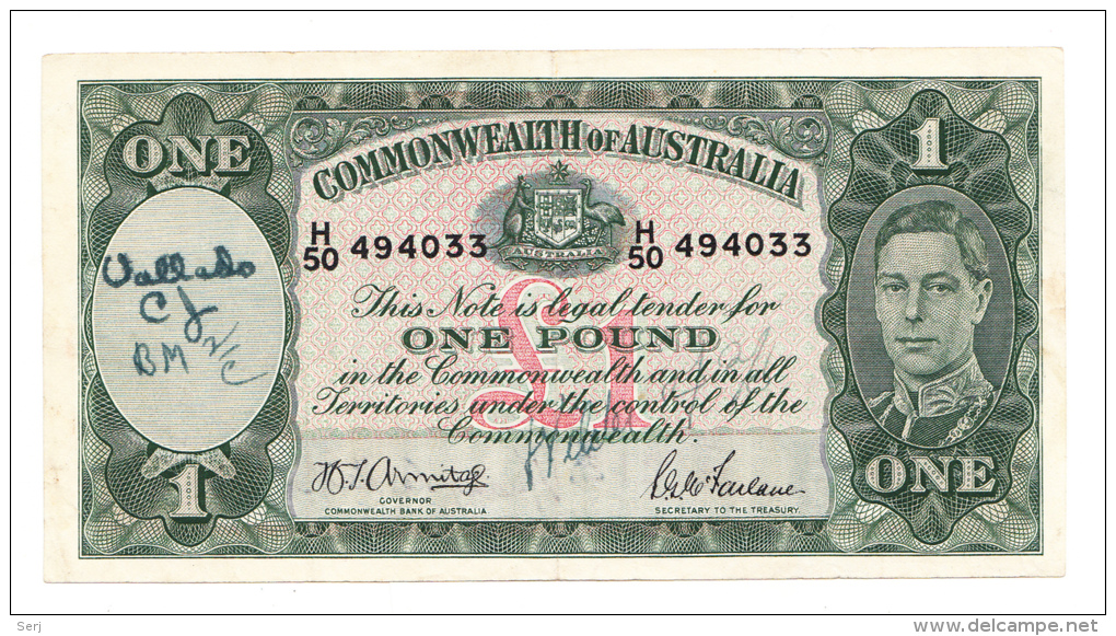 AUSTRALIA 1 Pound 1942 VF+ P 26b 26 B - Emissioni Seconda Guerra Mondiale