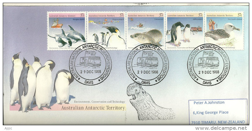 Faune De L´Antarctique (phoques,dauphins,penguin Empereur,penguin Adelie,albatros,etc) Beau FDC De La Base Davis 1988 - Forschungsstationen