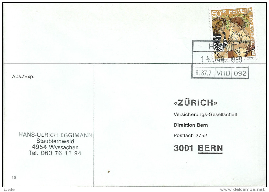 Brief  Wyssachen - Bern  (Bahnstempel HUTTWIL)          1990 - Railway