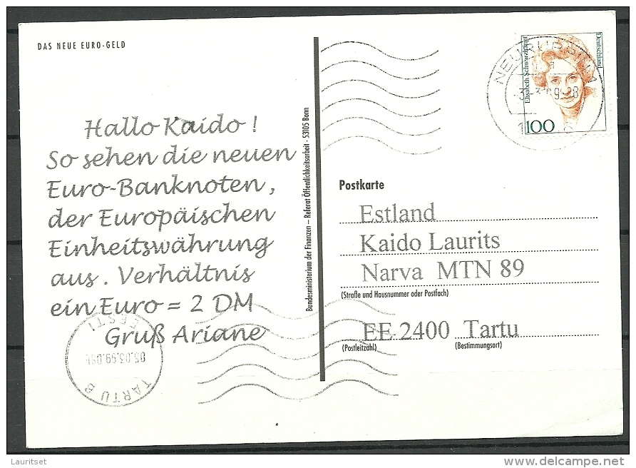 Deutsche Postkarte 20 EUR Bank Note 1999 Nach Estland Gesendet - Monedas (representaciones)