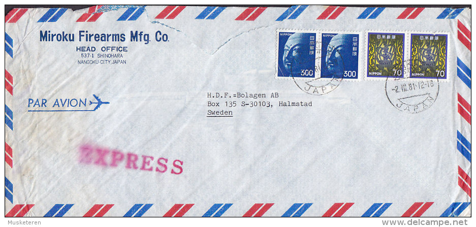 Japan Airmail Par Avion EXPRESS Line Cancel Miroku FIREARMS 1981 Cover To HALMSTAD Sweden - Airmail