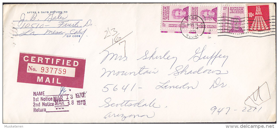 United States CERTIFIED MAIL, La MESA Calif. 1970 Cover Lettre To LONDON England 3x Andrew Jackson Stamps - Sonstige & Ohne Zuordnung