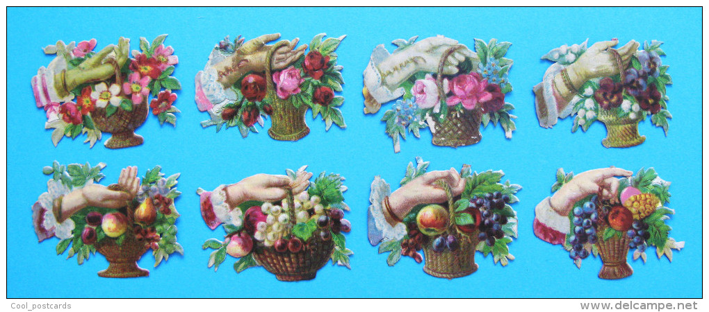 VICTORIAN SCRAP, DECOUPIS ANCIENS, HAND WITH BASKET FULL OF FRUITS´FLOWERS, LOT 8,  Ca 5 X 4 Cm - Fleurs