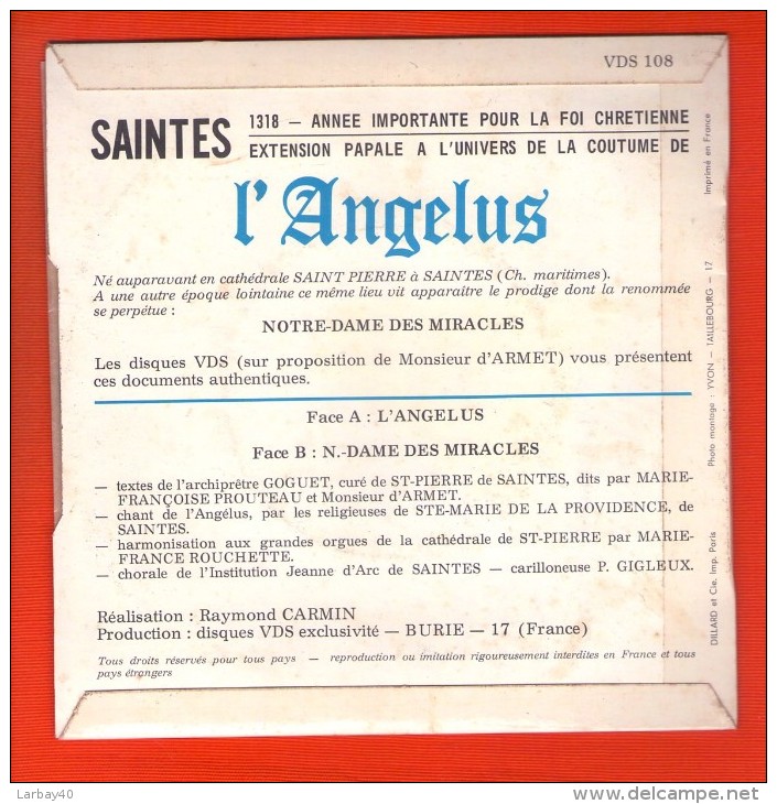 45 Tours - Saintes En 1318. Cathédrale Saint Pierre - L'Angelus - Chants Gospels Et Religieux
