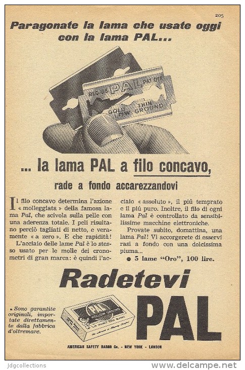 # PAL RAZOR BLADES 1950s Advert Pubblicità Publicitè Reklame Lamette Rasoio Lames Rasoir Cuchillas Klingen - Scheermesjes