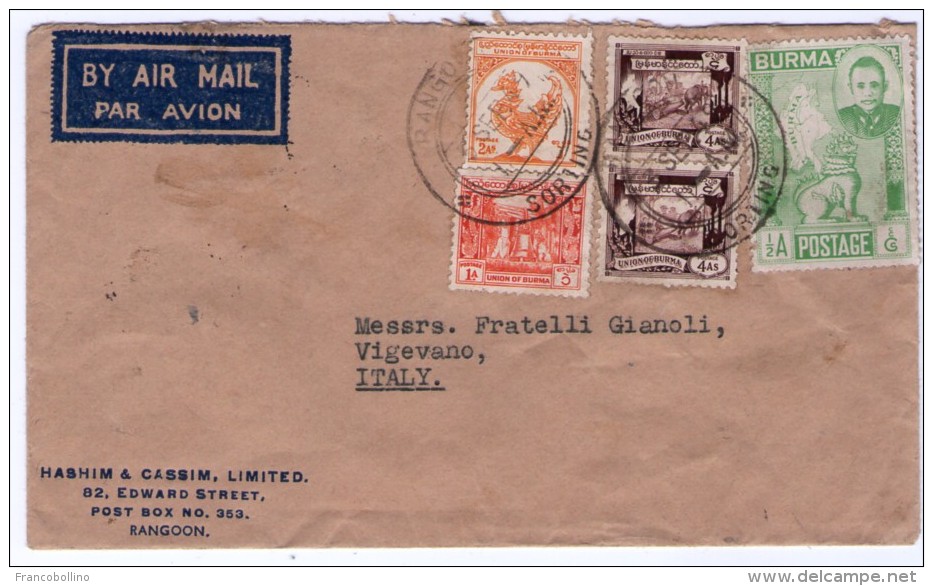 BURMA / MYANMAR - AIR MAIL COVER TO ITALY 1949 - Myanmar (Burma 1948-...)