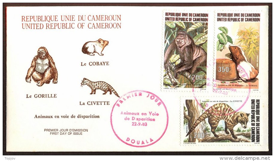 CAMEROON - ANIMALS - GORILLA - COBAYE - CIVETTE  - FDC - 1983 - Gorillas