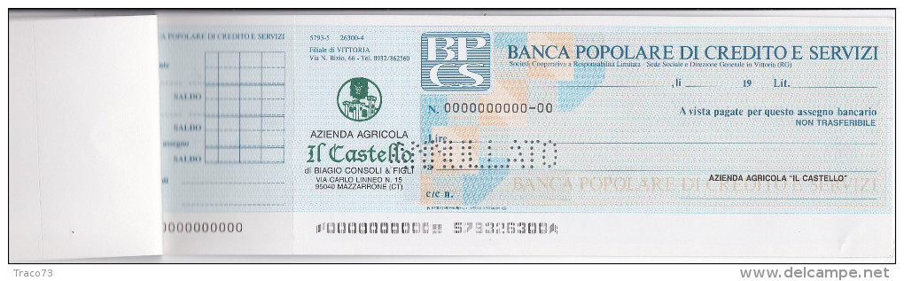 SPECIMEN   /   ASSEGNO DI CONTO CORRENTE DELLA BANCA POPOLARE DI CREDITO E SERVIZI - [10] Chèques