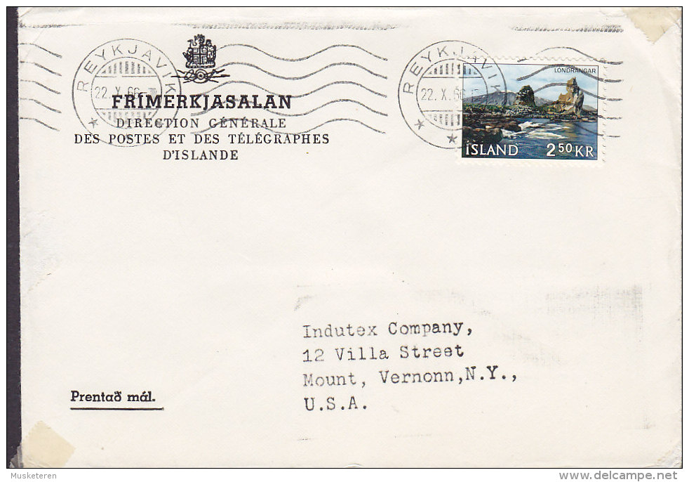 Iceland DIRECTION GÉNÉRALE, REYKJAVIK 1966 Cover Brief To MOUNT VERNON United States PRINTED MATTER - Covers & Documents
