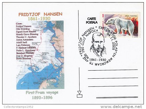 526- FRIDJOF NANSEN, ARCTIC EXPLORER, FIRST FRAM VOYAGE, MAP, SPECIAL POSTCARD, 2005, ROMANIA - Polar Explorers & Famous People