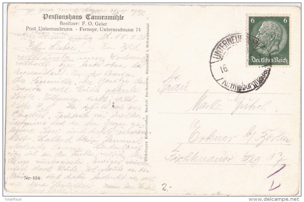 UNTERNEUBRUNN Schönbrunn Schleusengrund Kr Hildburghausen Pension Tannen Mühle Besitzer O F Geier 16.5.1938 Gelaufen - Hildburghausen