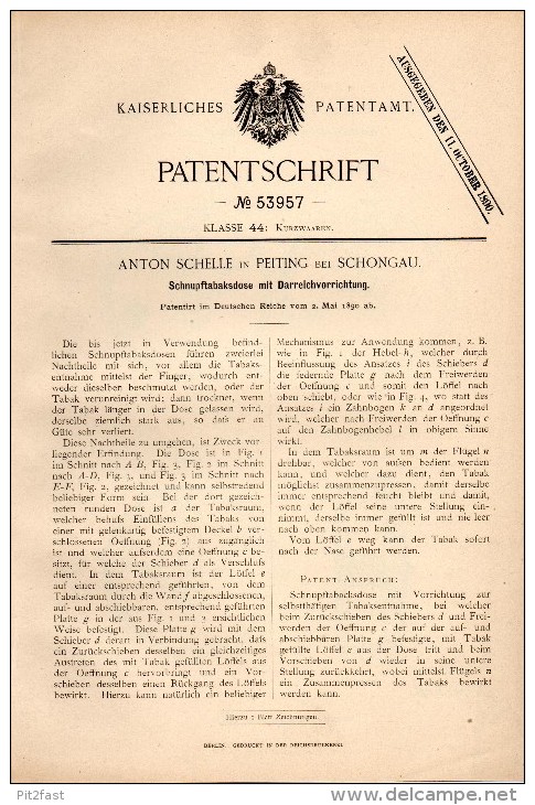 Original Patent -A. Schelle In In Peiting B. Weilheim - Schongau ,1890, Dose Für Schnupftabak , Schnupftabakdose , Tabak - Tabaksdozen (leeg)