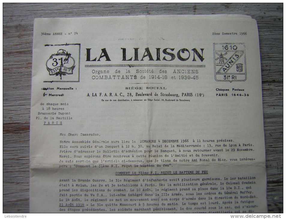 LA LIAISON  N° 74  1966  ORGANE DE LA SOCIETE DES ANCIENS COMBATTANTS DE 1914 -18 ET 1939 - 45 - French